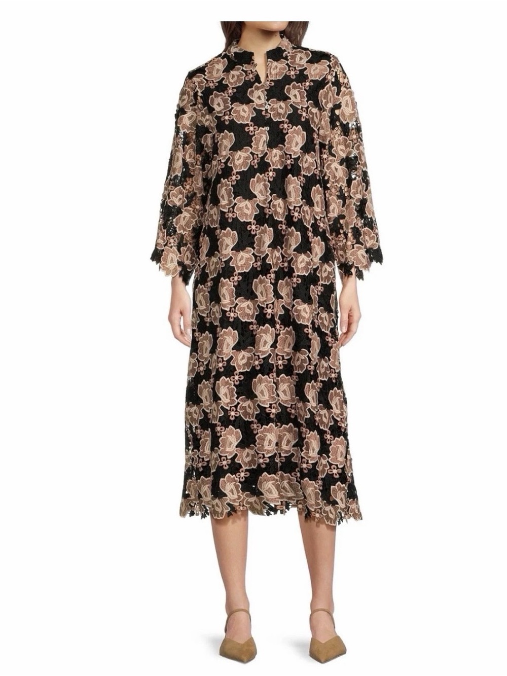J.Marie  Black Floral Talia Lace Mandarin Collar Midi Dress Kaftan